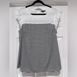 A028- Adrianna Papell 1X Black White Striped Eyelet Ruffle Sleeveless Top